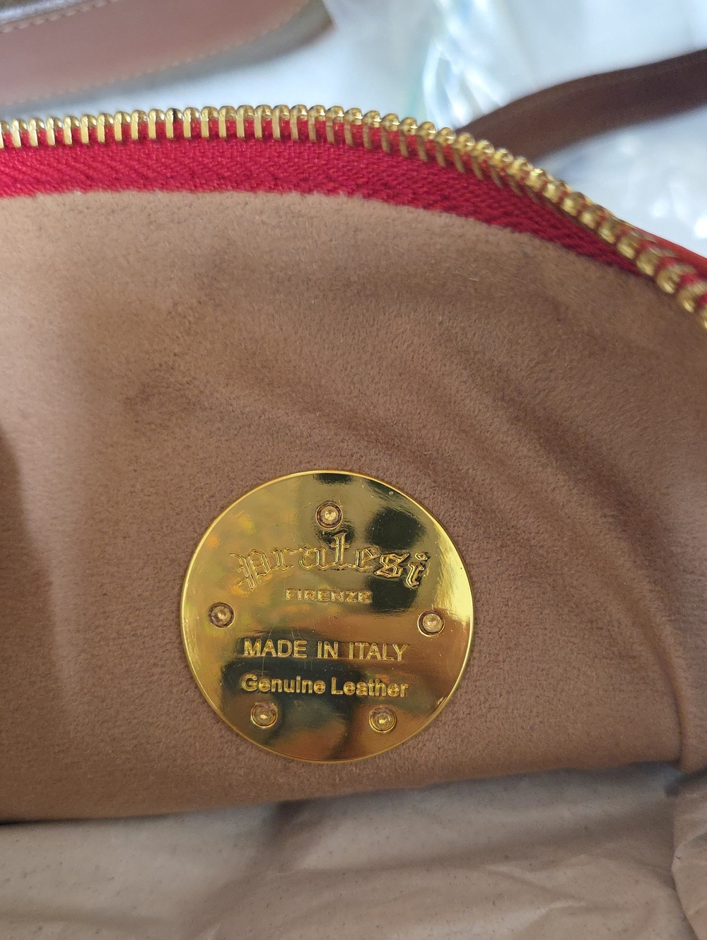 Red Leather Crossbody Bag with Gold Crest Accent - Picture 8 of 8